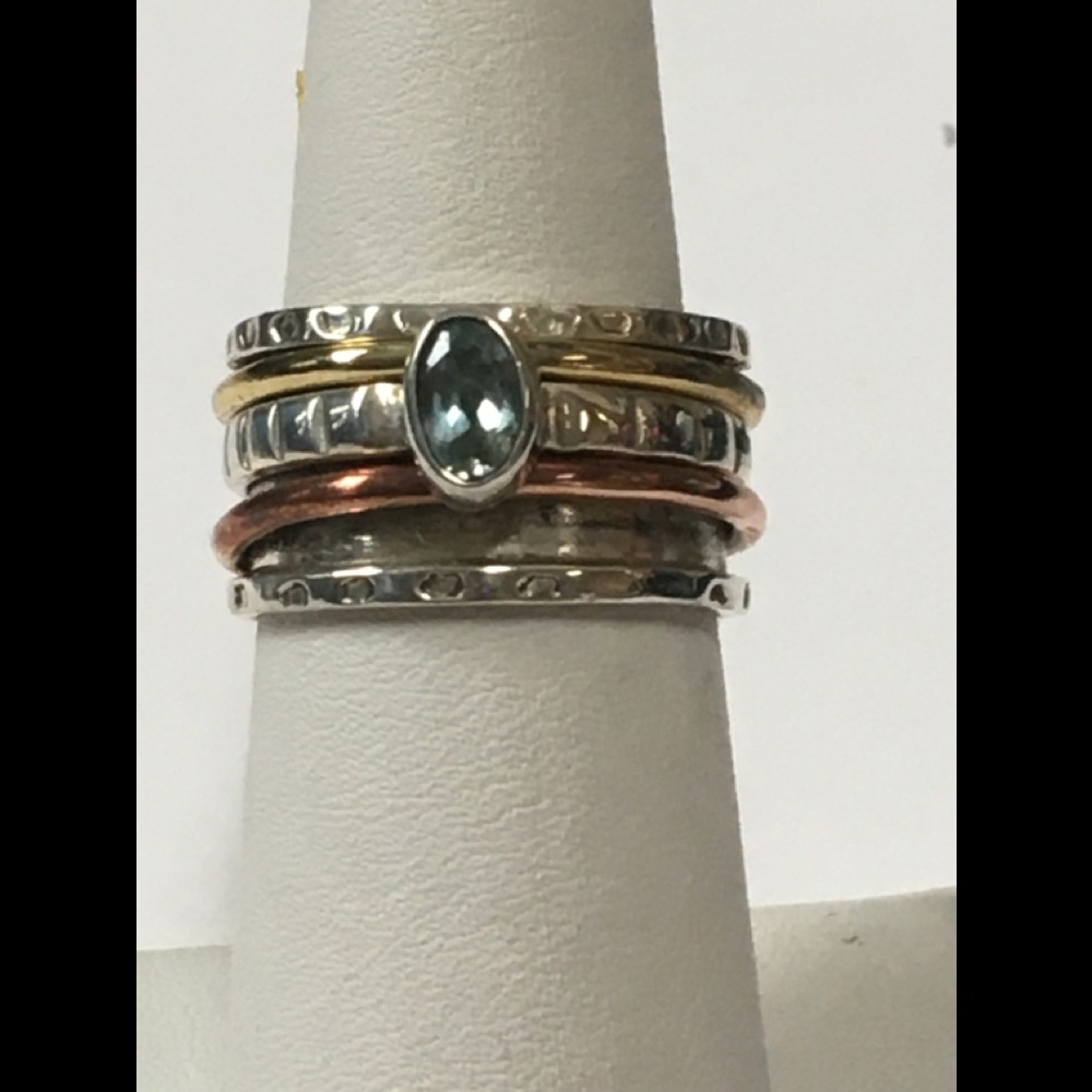 Sterling Silver, Copper, Brass & Blue Topaz Ring
